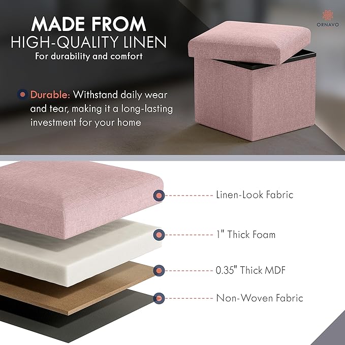 Ornavo Home Small Storage Ottoman Foldable Collapsible Cube Square Linen Ottoman Foot Rest Stool Seat, for Living Room, Bedroom, Home Office, Dorm - 12 x 12 x 12, Pink
