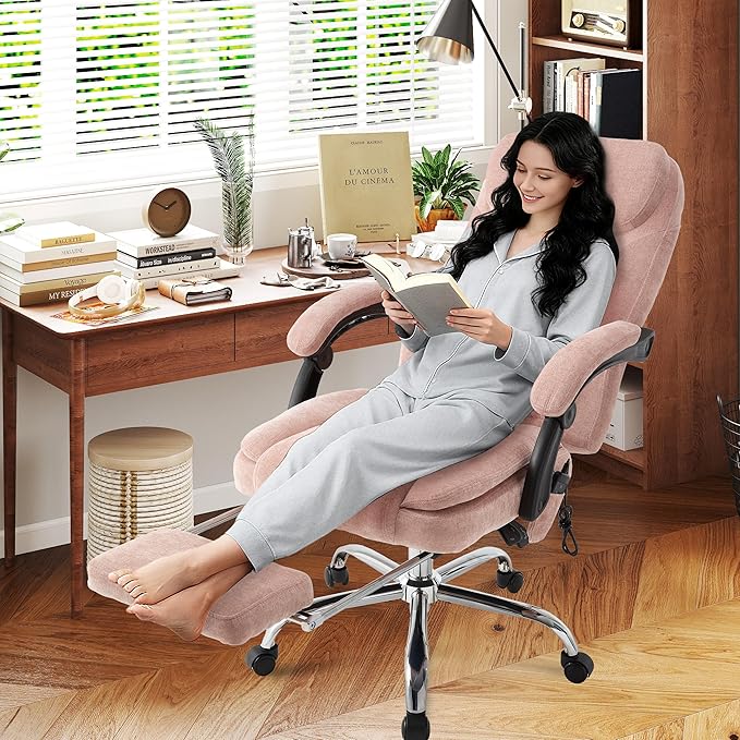 500LBS Massage Office Chair, 6 Points Vibration & Heat Executive Office Chairs, 135°Reclining Comfy Desk Chair with Foot Rest, Wider & Thicker Seat Cushion, Fabric Big and Tall Gaming Chair, Pink