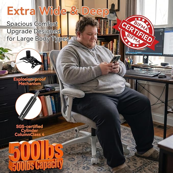 Big and Tall Office Chair 500lbs Heavy Duty Ergonomic Mesh Desk Chair with 23.6" Extra Wide Seat, 29.5" High Back, Adjustable Lumbar Support Flip-Up Arms for Large Body Types(Light Gray)