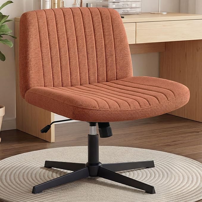 Orange Factory Criss Cross Chair No Wheel Wide Cross Legged Office Desk Vanity Chair Comfy Fabric Armless Adjustable Swivel for Home Computer Task (Brown No Wheel, Classic Fabric)