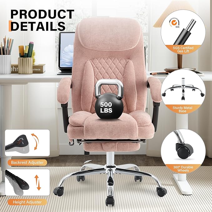 500LBS Massage Office Chair, 6 Points Vibration & Heat Executive Office Chairs, 135°Reclining Comfy Desk Chair with Foot Rest, Wider & Thicker Seat Cushion, Fabric Big and Tall Gaming Chair, Pink