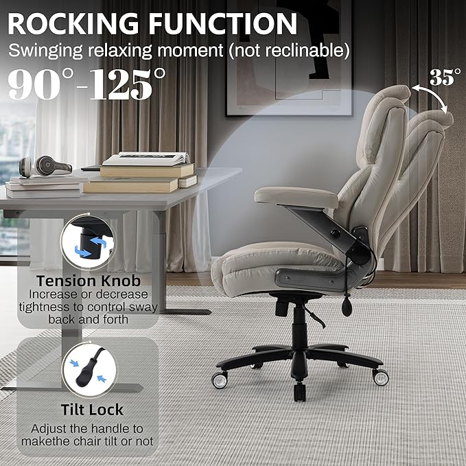 Big and Tall Office Chair 750lbs, Executive Office Chair with Adjustable Headrest&Lumbar Airbag Support, PU Leather High Back Heavy Duty Desk Chair 5D Flip Arms, Ergonomic Thick Spring Cushion, Beige