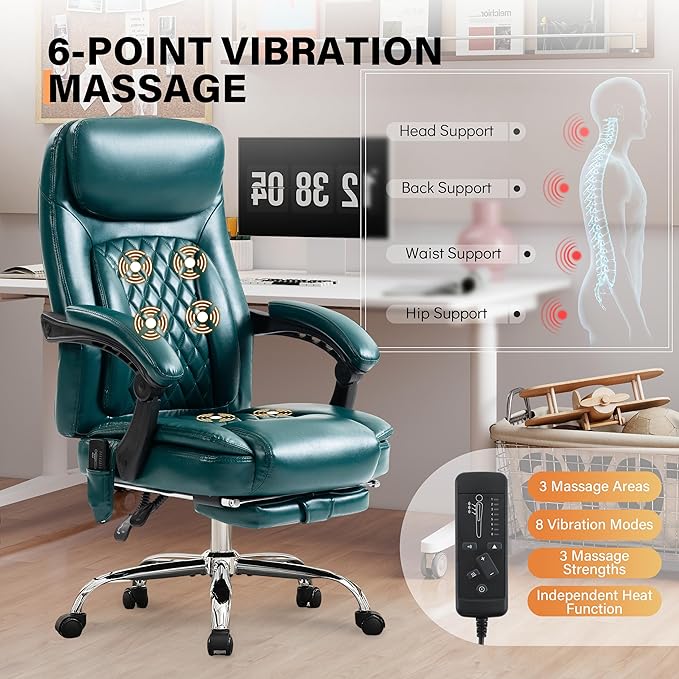 500LBS Massage Office Chair, 6 Points Vibration & Heat Executive Office Chairs, 135°Reclining Comfy Desk Chair with Foot Rest, Wider & Thicker Seat Cushion, PU Leather Big and Tall Gaming Chair, Green