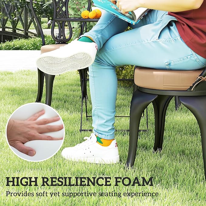 Outsunny Outdoor Bistro Chair Cushions Set of 4 with Machine Washable Cover, 15" x 15" x 3" Thick Round Seat Cushions for Patio Furniture with Ties, Chair Pads for Dining Chairs, Khaki