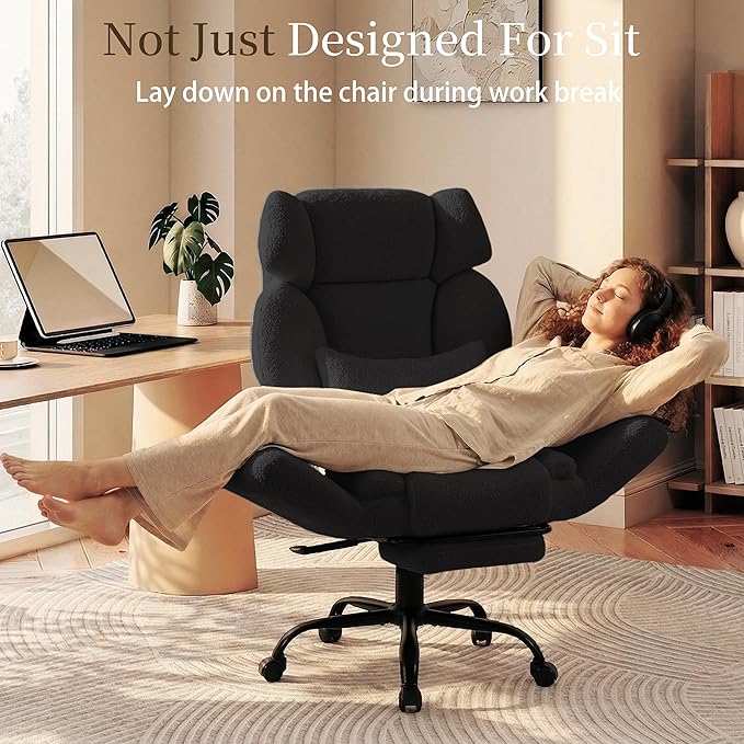 Office Chair with Flip Armrests,Big and Tall Office Chair with Foot Rest,Extra Wide Seat & Lumbar Pillow,Comfy Criss Cross Chair for Pets Sitting,Ergonomic Computer Gaming Chair,Teddy Fleece,Black
