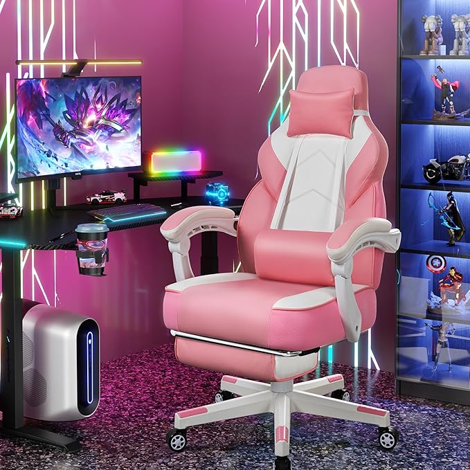 Big and Tall Gaming Chair for Adults, 330lbs Heavy Duty Computer Chair with Footrest & Massage Lumbar Support, Wide Seat High Back Reclining Desk Chair, 360° Swivel, Pink
