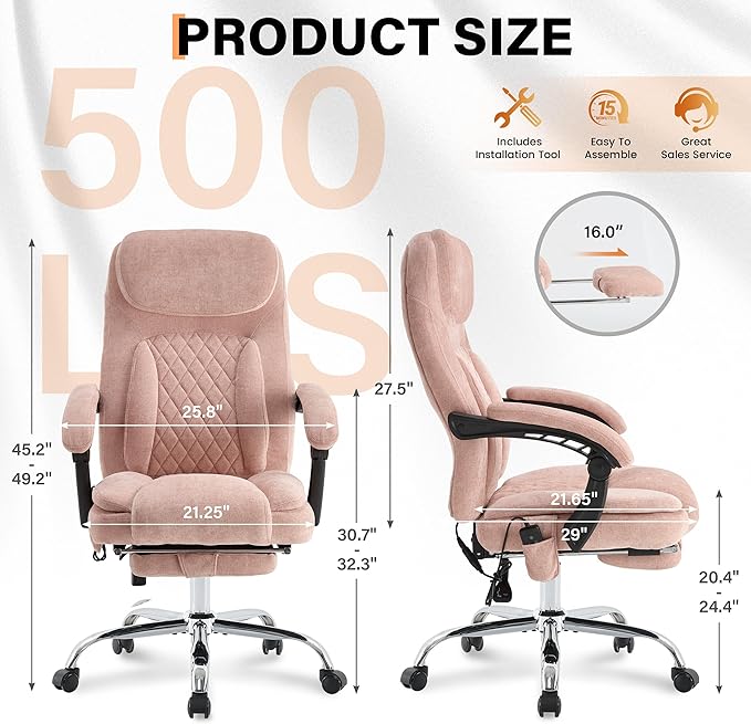 500LBS Massage Office Chair, 6 Points Vibration & Heat Executive Office Chairs, 135°Reclining Comfy Desk Chair with Foot Rest, Wider & Thicker Seat Cushion, Fabric Big and Tall Gaming Chair, Pink