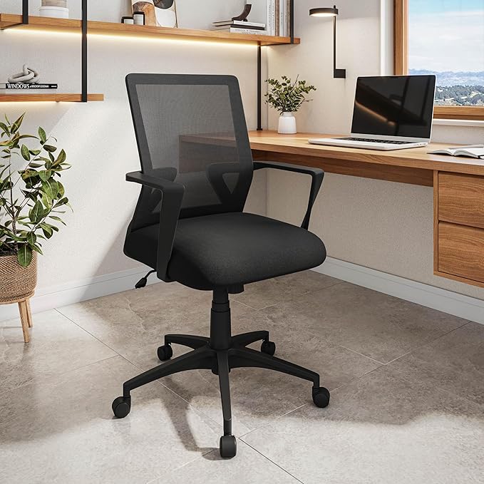 Techni Mobili Ergonomic Mesh Office Chair, Breathable Black Task Chair for Home Office or Study with Adjustable Height & Tilt, Affordable Desk Chair with Lumbar Support, Swivel Base & Armrests