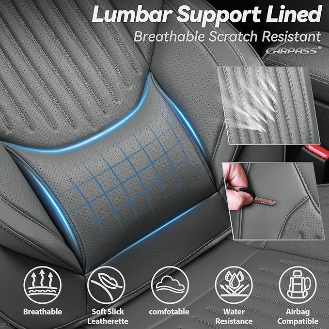 CAR PASS Luxury Nappa Leather Car Seat Covers Full Set, Lumbar Support Seat Covers for Car 5 Seats, Waterproof Car Seat Protector, Automotive Seat Covers Universal Fit for Most Sedans SUV Trucks Gray
