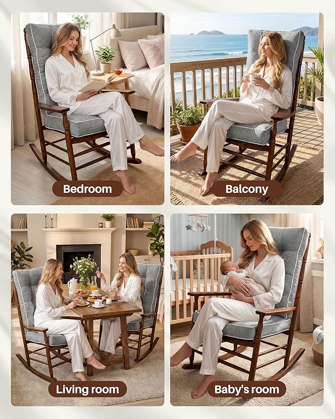 Rocking Chair Cushions Indoor, 5-inch Thicken Seat Cushion with Memory Foam Non-Slip Tufted Chair Pads Set of Seat & Back Cushion for Outdoor Rocker Living Room, Light Grey, 28x18x5/18x18x5