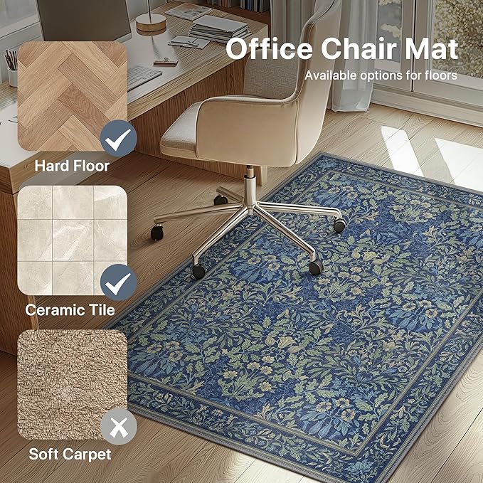 36"x48" Office Chair Mat for Hardwood Tile Floor, Under Desk Carpet Protector for Rolling Computer Chair Mat, Machine Washable Area Rug, Anti-Slip 1/5" Thick Low Pile Thin Vinyl Floor Mat, Dark Blue