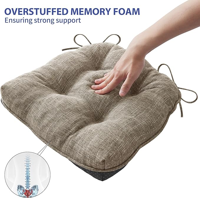 IPYNBAP Chair Cushions for Dining Chairs Set of 4, Kitchen Chair Cushions, Chair Pads with Ties and Non Slip Backing, Tufted Memory Foam Seat Cushion 4 Pack, 18" x 18" x 4", Khaki