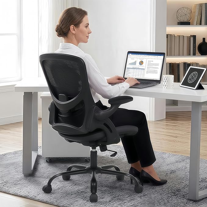 Ergonomic Office Chair with Flip-up Arms, Space Saving Mesh Desk Chair with Adjustable Lumbar Support & Headrest, Breathable Executive Computer Chair, Heavy Duty Swivel Task Chair 300LBS