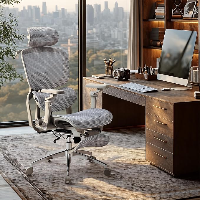 Furmax Ergonomic Office Chair, High Back Executive Chair with Heated Massage Lumbar Support, 6D Armrests, Adjustable Headrest & Footrest, Breathable Full-Mesh Design, Gray