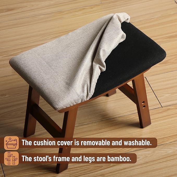 BAMBOO LAND- Bamboo Foot Stools Ottoman, Beige Cushion & Brown Wood Legs, Small Ottoman Foot Rest for Couch