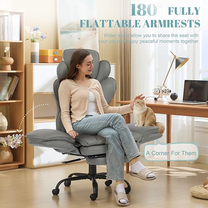Big and Tall Office Chair, Flip Armrests Criss Cross Office Chair, Reclining Desk Chair with Foot Rest, Adjustable Headrest, Massage Waist Pillow Cross Legged Wide Seat Vanity Chair, PU Leather Grey