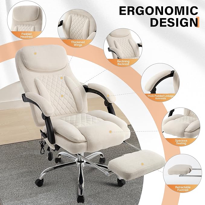 500LBS Massage Office Chair, 6 Points Vibration & Heat Executive Office Chairs, 135°Reclining Comfy Desk Chair with Foot Rest, Wider & Thicker Seat Cushion, Fabric Big and Tall Gaming Chair, Beige