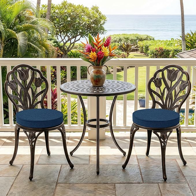 Outdoor Round Chair Cushions 18 Inch, Fade-Resistant & Water-Resistant, Bistro Chair Seat Pads for Porch Garden Balcony Patio Furniture Stools, Non-Slip Bottom, Set of 2, Navy Blue