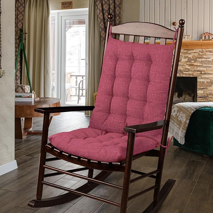 ELFJOY Rocking Chair Cushion Large Rocking Chair Pads with Ties Premium Linen High Back and Seat Cushion 2 Piece Set (Linen Rose Red)