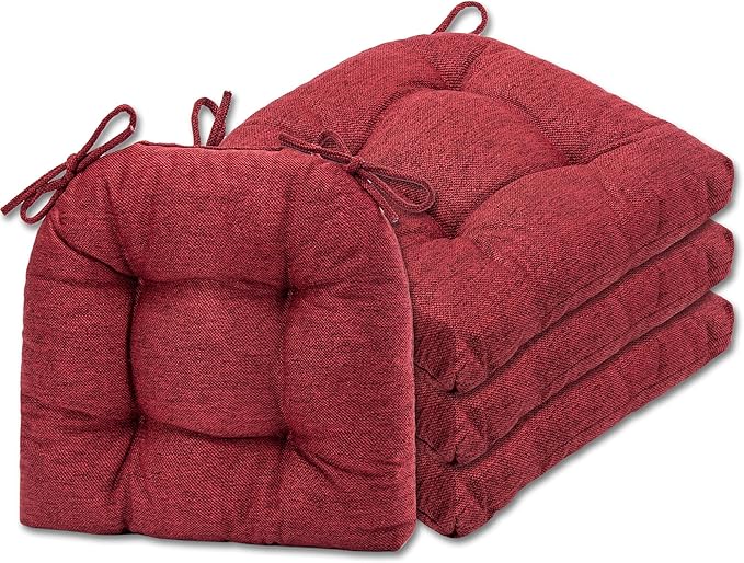 SQUARE MOON D-Shaped 3" Thick Chair Cushions, Chair Pads for Dining Chairs and Kitchen Chairs, Indoor Dining Room Seat Cushions with Ties, Machine Washable, 17" x 16" x 3", 4/Pack, Wine Red