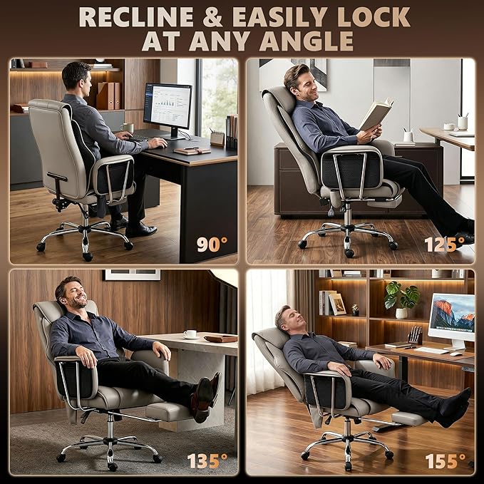 HOMCOM Massage Office Chair with 6-Point Vibration, Overstuffed Reclining Desk Chair with High Back, PU Leather, Footrest, Thick Spring Cushion, Lumbar Support, Grey