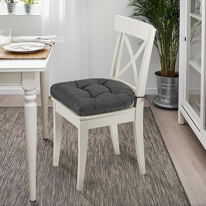 SQUARE MOON Chair Cushions for Dining Chairs, 3 Inch Thick Comfortable Kitchen Chair Pads, Dining Room Seat Cushions with Ties, Machine Washable, 17" x 16" x 3", 4/Pack, Dark Grey