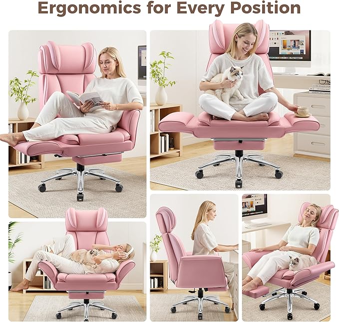 Big and Tall Office Chair, Flip Armrests for Cross Legged Sitting, Ergonomic Leather Executive Desk Chair with Foot Rest, High-Back Reclining Computer Chair for Office Home Game - Peach Pink