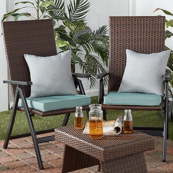 Outdoor 18 inch Square Patio Dining Chair Pads – Comfortable Fiber-Filled Seat Cushions with Ties, Reversible Polyester Fabric - Seaglass, Set of 4
