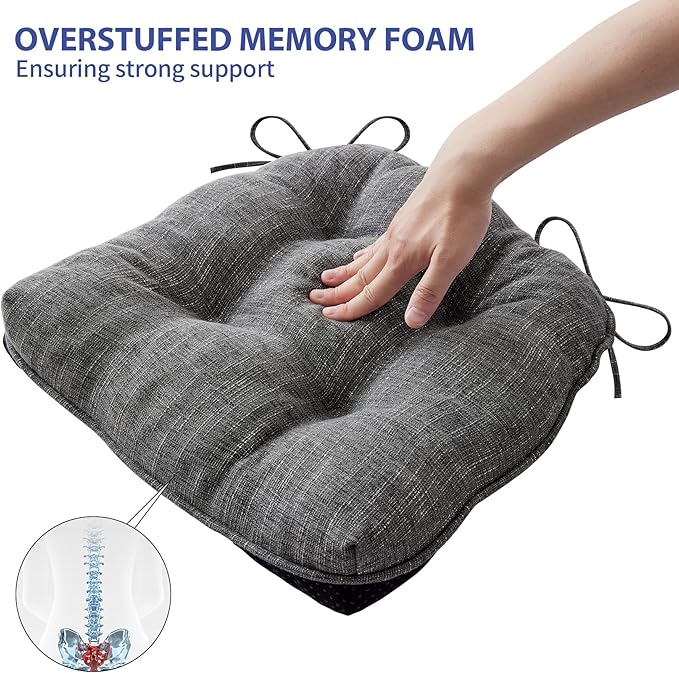 IPYNBAP Chair Cushions for Dining Chairs Set of 6, Kitchen Chair Cushions, Chair Pads with Ties and Non Slip Backing, Tufted Memory Foam Seat Cushion 6 Pack, 15.5" x 15.5" x 4", Dark Gray