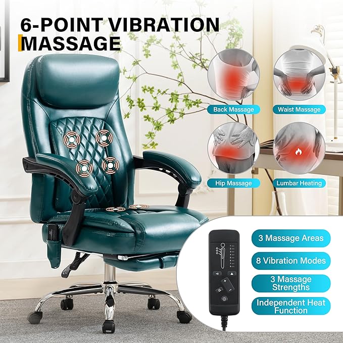 6-Point Massage Office Chair with Heated, Ergonomic Office Chair with Footrest & 45°Reclining High Back, Big and Tall Executive Office Chair 500LBS, Thick Cushion Desk Chair for Home Office, Green(PU)