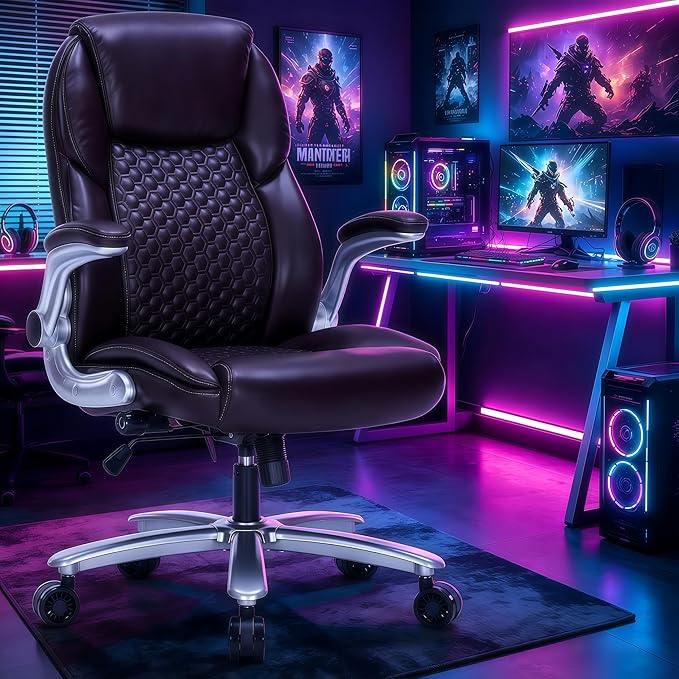 Big and Tall Office Chair, Ergonomic Desk Chair with Flip-up Arms, PU Leather Office Chair for Home Office, Computer Chair with Adjustable Lumbar Support, Space Saving Executive Task Chair