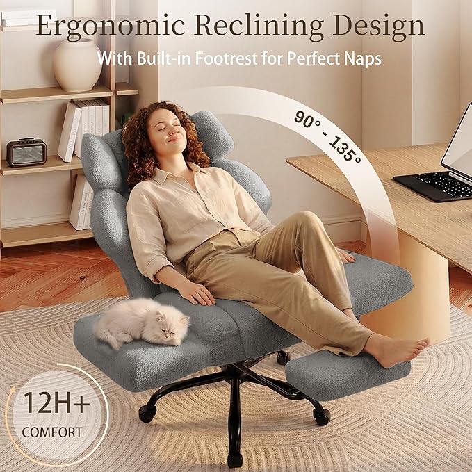 Office Chair with Flip Armrests,Big and Tall Office Chair with Foot Rest,Extra Wide Seat & Lumbar Pillow,Ergonomic Computer Gaming Chair,Comfy Criss Cross Chair for Pets Sitting,Teddy Fleece,Grey