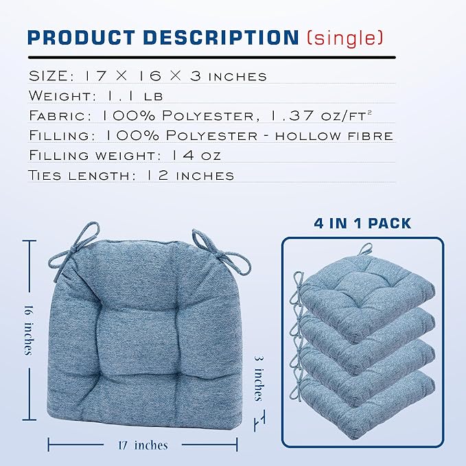SQUARE MOON D-Shaped 3" Thick Chair Cushions, Chair Pads for Dining Chairs and Kitchen Chairs, Indoor Dining Room Seat Cushions with Ties, Machine Washable, 17" x 16" x 3", 4/Pack, Light Blue
