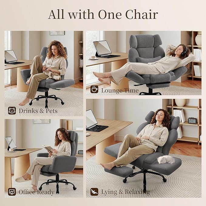 Office Chair with Flip Armrests,Big and Tall Office Chair with Foot Rest,Extra Wide Seat & Lumbar Pillow,Ergonomic Computer Gaming Chair,Comfy Criss Cross Chair for Pets Sitting,Teddy Fleece,Grey