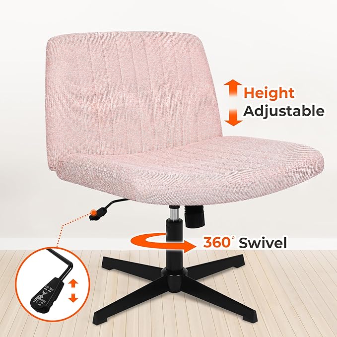 NEO CHAIR Criss Cross Chair No Wheels Armless Cross Legged Office Desk Wide Comfy Vanity Makeup Chair Adjustable Computer Task for Home Office Fabric (Pink)