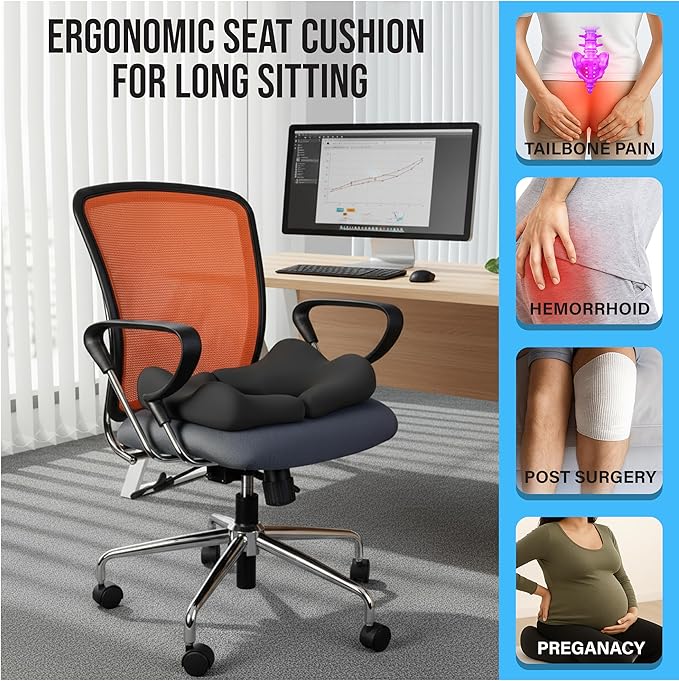 Memory Foam Bed Sore Cushion with T-Shaped Cutout – Pressure Relief Pillow for Tailbone, Coccyx & Butt | Dual-Piece Design with Massage Tool & Washable Cover for Sitting or Lying (Black)