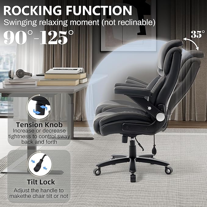 Big and Tall Office Chair 750lbs, Executive Office Chair with Adjustable Headrest&Lumbar Airbag Support, PU Leather High Back Heavy Duty Chair 5D Flip Arms, Ergonomic Thick Spring Cushion, All Black