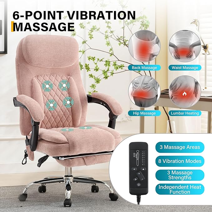 6-Point Massage Office Chair with Heated, Ergonomic Office Chair with Footrest & 45°Reclining High Back, Big and Tall Executive Office Chair 500LBS, Thick Cushion Desk Chair for Home Office, Pink