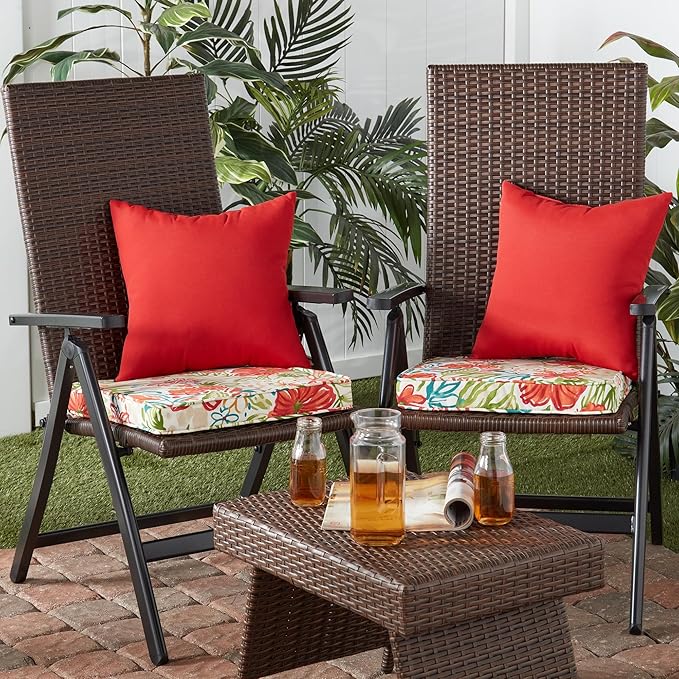 Outdoor 18 inch Square Patio Dining Chair Pads – Comfortable Fiber-Filled Seat Cushions with Ties, Reversible Polyester Fabric - Breeze Floral, Set of 2