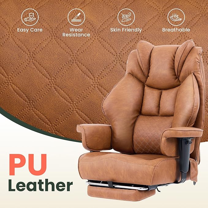 500lbs Big and Tall Office Chair Adjustable Lumbar Support, Extra Wide Seat Ergonomic Gaming Chair with Footrest, Heavy Duty High Back Executive Leather Computer Desk Chair (Brown)
