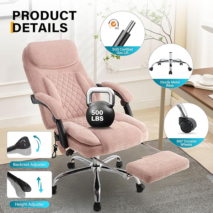 6-Point Massage Office Chair with Heated, Ergonomic Office Chair with Footrest & 45°Reclining High Back, Big and Tall Executive Office Chair 500LBS, Thick Cushion Desk Chair for Home Office, Pink