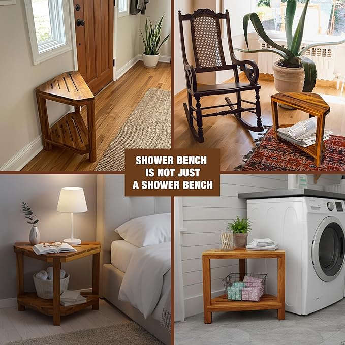 20" Corner Shower Stool for Inside Shower, Acacia Wood Shower Foot Rest for Shaving Legs with Storage Shelf, Waterproof Wooden Shower Bench Seat