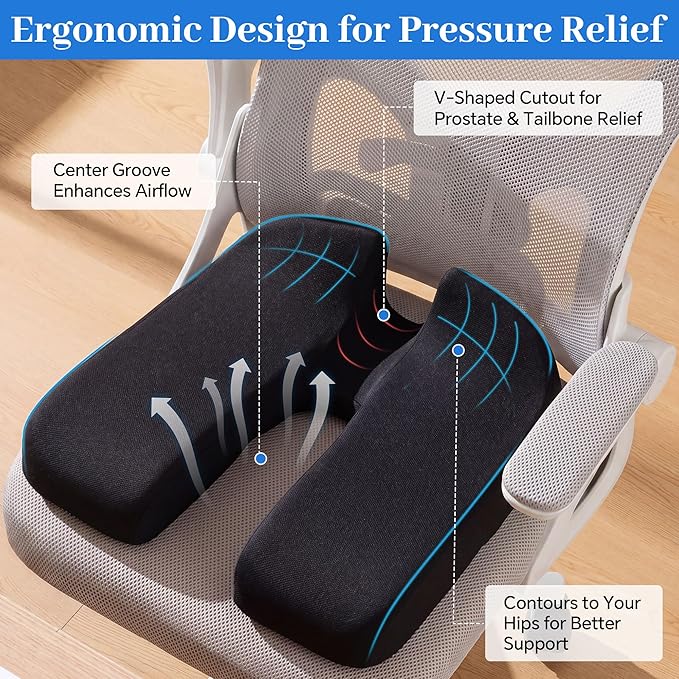 BALAPET Prostate Relief Cushion, V-Shaped Memory Foam Seat Cushion for Tailbone Pain & Coccyx Relief, Ergonomic Hemorrhoid Cushion for Office Chair, Car & Home, Donut Pillow Alternative