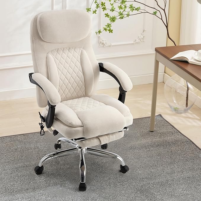 500LBS Massage Office Chair, 6 Points Vibration & Heat Executive Office Chairs, 135°Reclining Comfy Desk Chair with Foot Rest, Wider & Thicker Seat Cushion, Fabric Big and Tall Gaming Chair, Beige