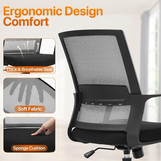 Ergonomic Office Chair, Comfortable Home Desk Chair, Breathable Mesh Back Computer Chair and Lumbar Support, Adjustable Height, Sponge Seat, Grey