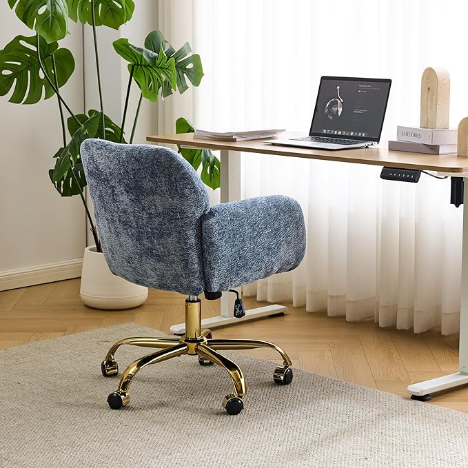 VINGLI Comfy Fuzzy Vanity Chair, Swivel Makeup Chair with Wheels, Upholstered Height Adjustable Armchair with Gold Base, Modern Ergonomic Desk Chair for Bedroom, Home Office, Blue