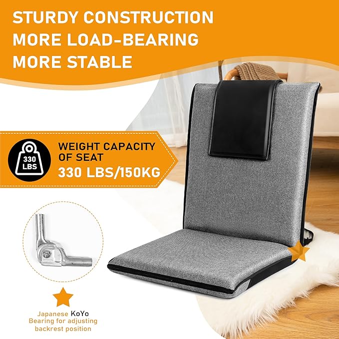 FASTMOMENT Floor Chair with Water Repellent Fabric 14-Position Adjustable Floor Chair with Back Support Portable Floor Seat for Adults Foldable Meditation Seat with Washable Cover (Dark Grey)