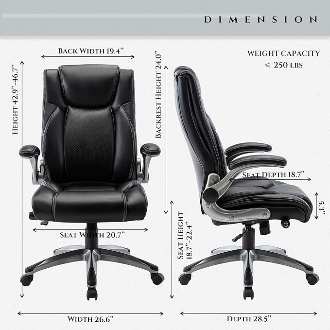 MALOL Executive Office Ergonomic Chair with Thick Bonded Leather, Flip-up Armrests, High Back Adjustable Height and Tilt for Working, Study, Gaming