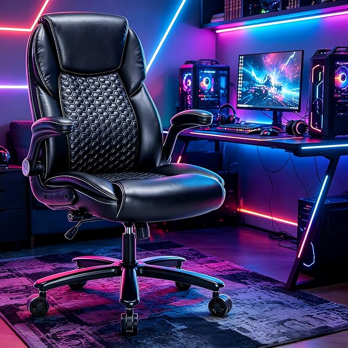 Big and Tall Ergonomic Office Chair, Executive Office Chair with Flip-up Arms, PU Leather Computer Desk Chair, Adjustable Lumbar Support Heavy Duty Space Saving Task Chair