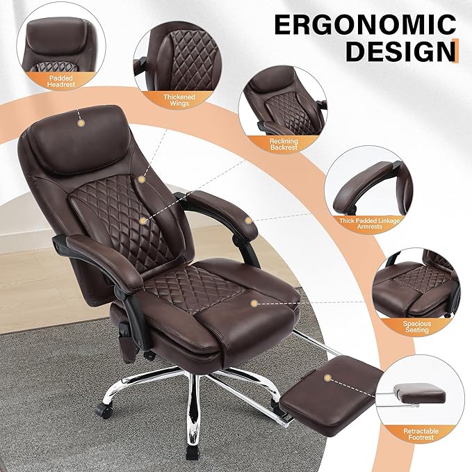 500LBS Massage Office Chair, 6 Points Vibration & Heat Executive Office Chairs, 135°Reclining Comfy Desk Chair with Foot Rest, Wider & Thicker Seat Cushion, PU Leather Big and Tall Gaming Chair, Brown